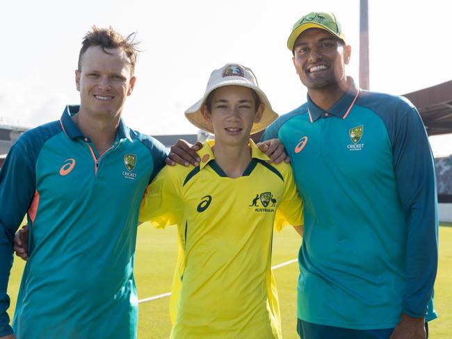 16-year-old Brothers young gun Cam Tomerini pictured with Matt Kuhnemann (left) and Gurinder Sandhu (right). The young spinner trained and sub-fielded for Australia A when they came to Mackay earlier this year. Picture: Cherrie Hughes/Cricket Australia