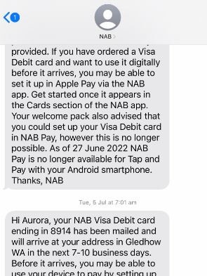 The text appeared to be from NAB, and appeared below other texts received from the bank previously. Picture: Supplied