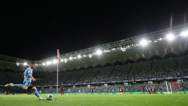 Sydney FC’s Alex Baumjohann takes a corner during the Round 24 A-League match against Western Sydney Wanderers at Bankwest Stadium on Saturday. Picture: Getty Images