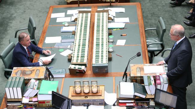 Opposition Leader Anthony Albanese and PM Scott Morrison deliver their end of year speeches in the House of Representatives at Parliament House in Canberra in December. Picture: Kym Smith