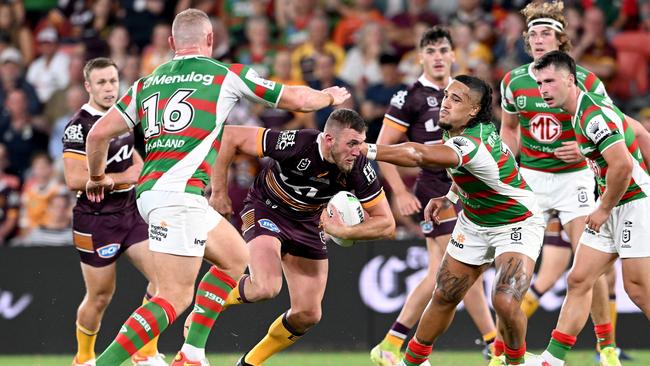 Kurt Capewell of the Broncos attempts to break away from the defence. Picture: Bradley Kanaris/Getty Images