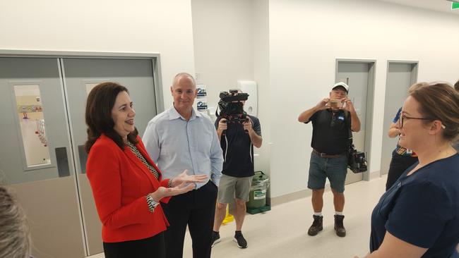 Premier Annastacia Palaszczuk and MP Glenn Butcher talk to nurse Liz Bellas in the new Gladstone Hospital $42 million emergency department. Picture: Rodney Stevens