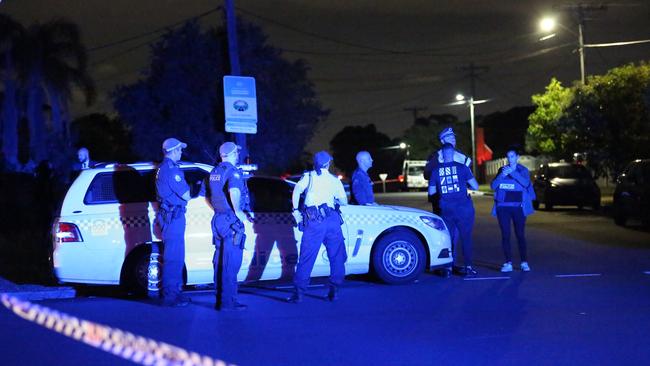 Police in Price St, Merrylands just after the shooting. Picture: Steve Tyson