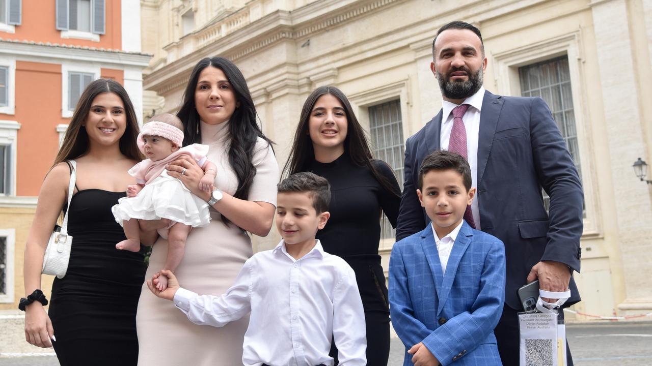 Danny and Leila Abdallah arriving with their family and Leila's sister Cristina to the World Meeting of families. Photo: Victor Sokolowicz