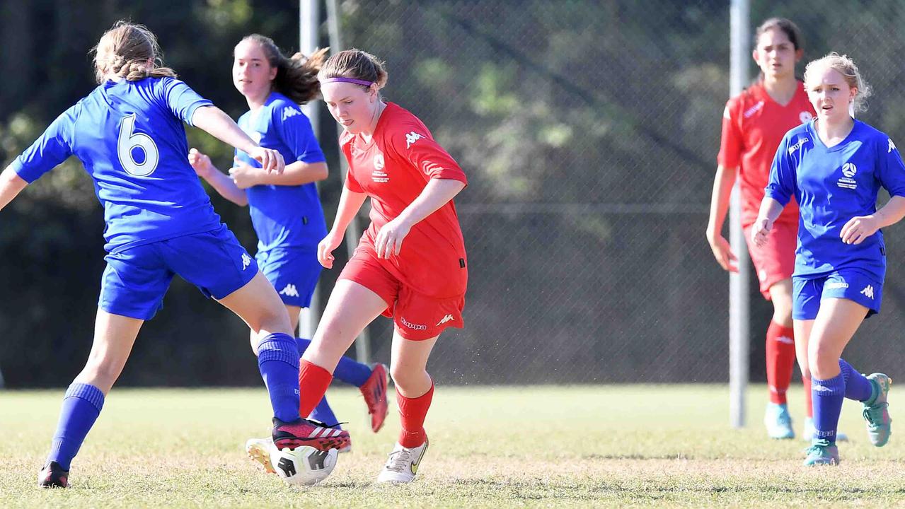 Football Queensland Community Cup carnival, Maroochydore. U15-17 girls, Metro South V Central Coast. Picture: Patrick Woods.