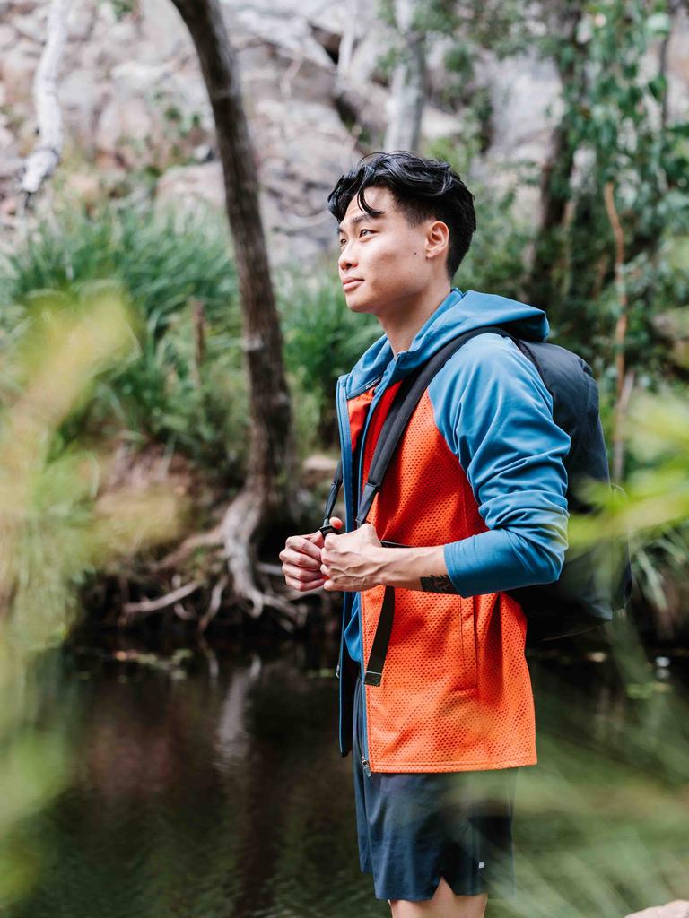 Autumn fashion trends from Grand Central. Stanley Lam (outfit from Kathmandu and backpack from Rodd &amp; Gunn).