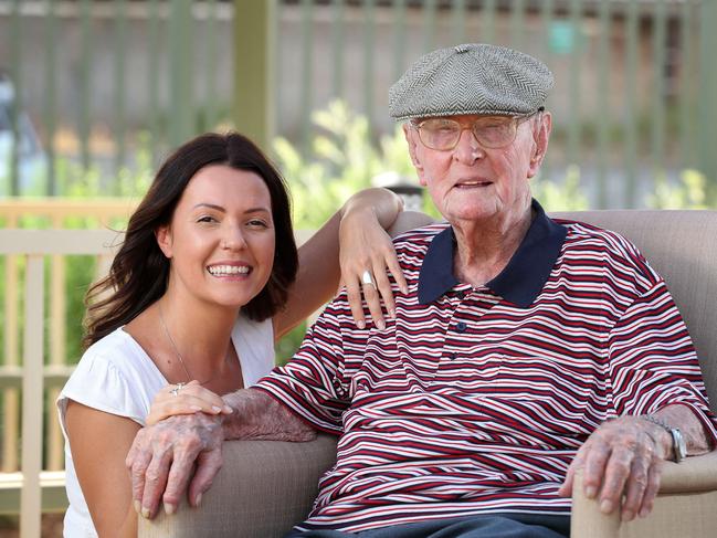 Supercentenarian Dexter Kruger with his 3rd cousin Andrea Kruger, celebrating his 110th birthday, Roma. Photographer: Liam Kidston