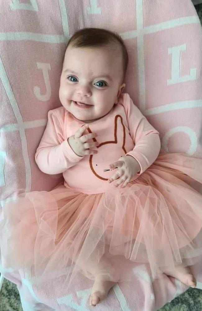 Storm Tesic, pictured about seven months old before she started showing symptoms of a rare disease. The three-year-old passed away from the Sandhoff disease on Sunday. Picture: Supplied