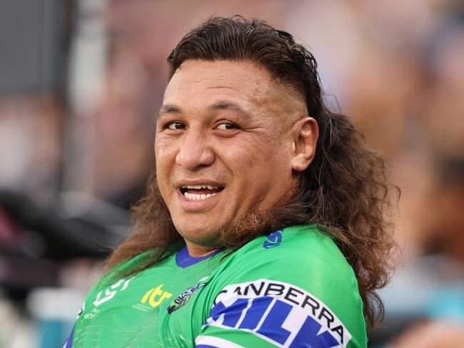 GOSFORD, AUSTRALIA - FEBRUARY 25: Josh Papalii of the Raiders looks on from the bench during the NRL Trial Match between the Manly Sea Eagles and the Canberra Raiders at Central Coast Stadium on February 25, 2022 in Gosford, Australia. (Photo by Ashley Feder/Getty Images)