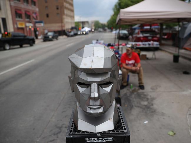 A metal bust of President Donald Trump is on display outside Tulsa’s BOK Centre. Picture: AFP