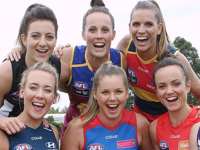 AFLW Season Launch and skippers with cup (they would not hold cup)  Sharp GWS Amanda Farrugia Western Bulldogs Katie Brennan Melbourne Daisey Pearce Carlton Lauren Arnell Fremantle Kara Donnellan Collingwood Steph Chiocci Adelaide Chelsea Randall Brisbane Lions Emma Zielke  Picture:Wayne Ludbey