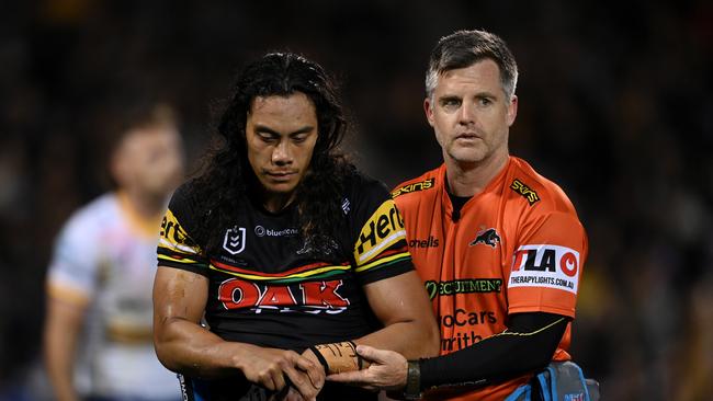 Jarome Luai has suffered a devastating dislocated shoulder injury just weeks away from the 2023 NRL finals series. Picture: NRL Imagery.