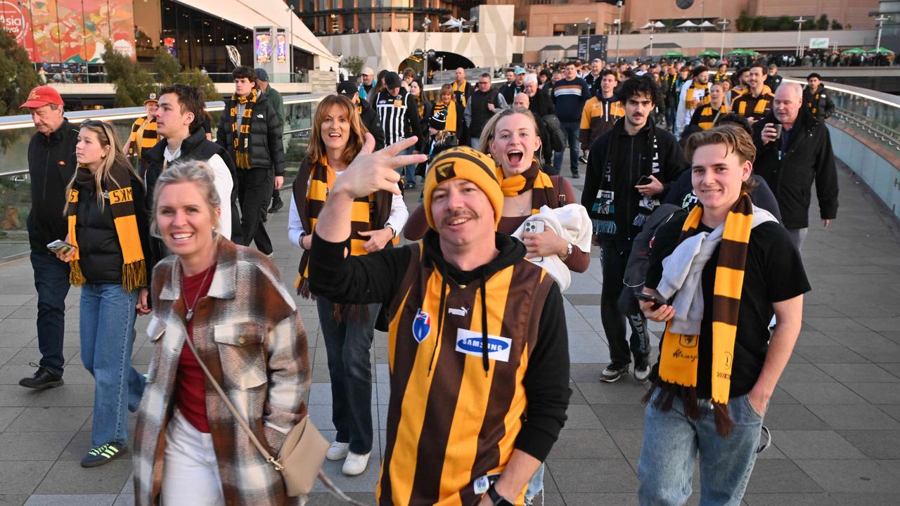 SEPTEMBER 13, 2024: Fans arriving for the Port v Hawthorn semi final at Adelaide Oval. Picture: Brenton Edwards