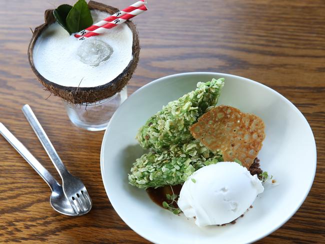 A dessert cocktail of coconut sorbet, anejo rum, white choc liqueur and Kaffir lime will complement a dish of banana fitters, tamarind caramel, sorbet, coconut and cacao at Longrain Restaurant in Surry Hills.