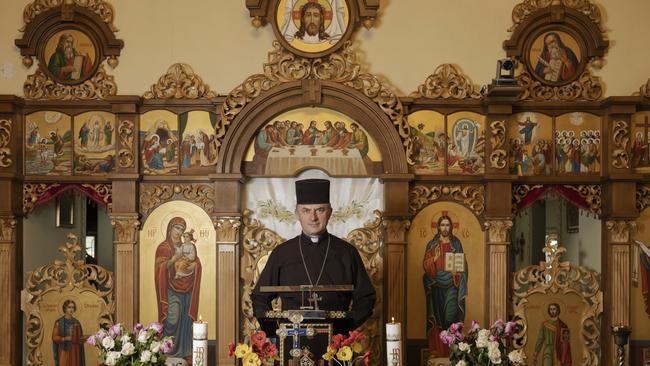 Military chaplan Father Vasyliy Kolodiy at the Pokrova Bohorodytsi Greek-Catholic church where he also serves as a priest, in Dnipro. Picture: Sasha Maslov