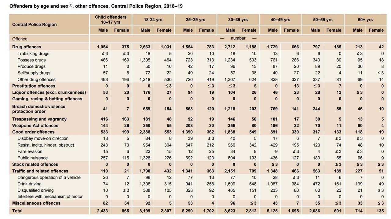 OFFENDER DEMOGRAPHICS: For 'other offences', offenders in the Central Police Region, 2018-19 are separated into by age and sex.