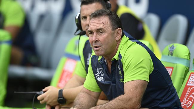 Raiders Coach Ricky Stuart sweats through a March afternoon in Townsville. Picture: Ian Hitchcock/Getty Images)