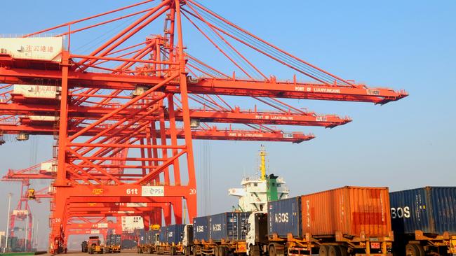 Xi has instructed his government to increase Chinese imports of Russian goods. Trucks queuing at a port in Lianyungang in China's eastern Jiangsu province. Picture: AFP.