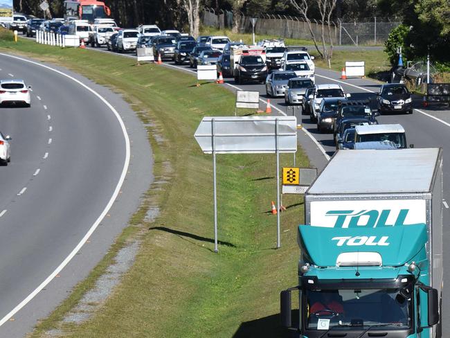 Traffic backed up in the two hour wait at the Queensland border on Wednesday. Picture: Steve Holland/NCA NewsWire