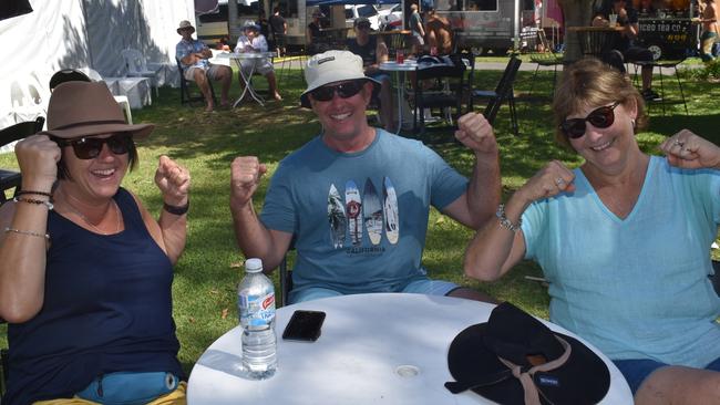 Lou Stephen, Stuart and Leisha Robinson at day two of the Senior and Masters division of the 2023 Queensland Surf Life Saving Championships at Mooloolaba. Photo: Elizabeth Neil