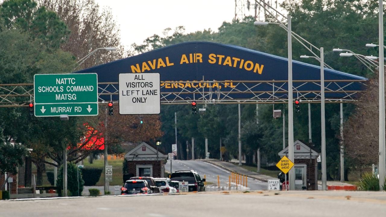 The Pensacola Naval Air Station main gate following the shooting. Picture: AFP