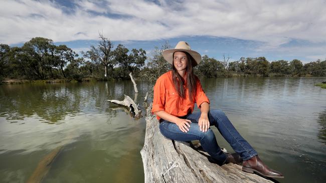 Farmer Kate McBride on the Darling River at Wentwrorth, NSW. Picture: David Geraghty