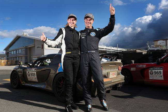 Winners Kate Catford and Paul Stokell. Finish of Targa Tasmania 2019 at Macquarie Wharf shed no. 2. Picture: NIKKI DAVIS-JONES