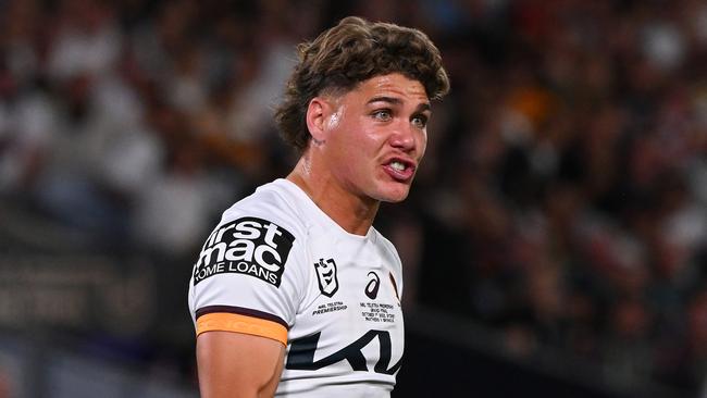 SYDNEY, AUSTRALIA - OCTOBER 01: Reece Walsh of the Broncos reacts during the 2023 NRL Grand Final match between Penrith Panthers and Brisbane Broncos at Accor Stadium on October 01, 2023 in Sydney, Australia. (Photo by Bradley Kanaris/Getty Images)