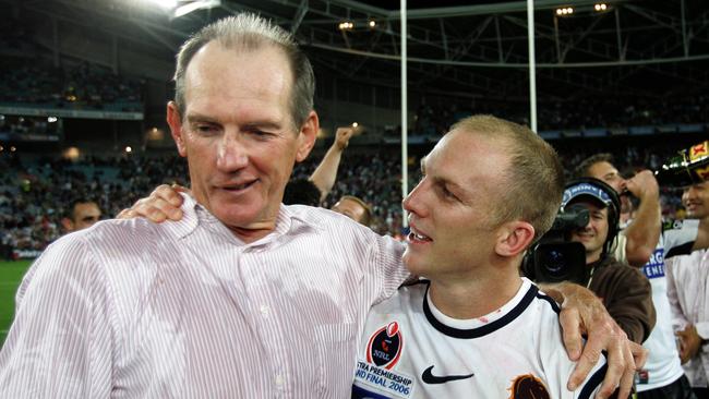 Wayne Bennett and Darren Lockyer after Brisbane’s 2006 grand final victory.