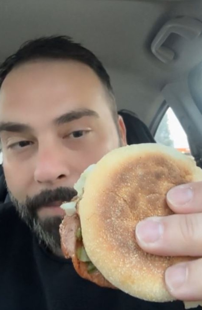 Food blogger @nectoriouspapi tries the BLT McMuffin, as Macca’s brings that back and introduces two new burgers. Picture: TikTok