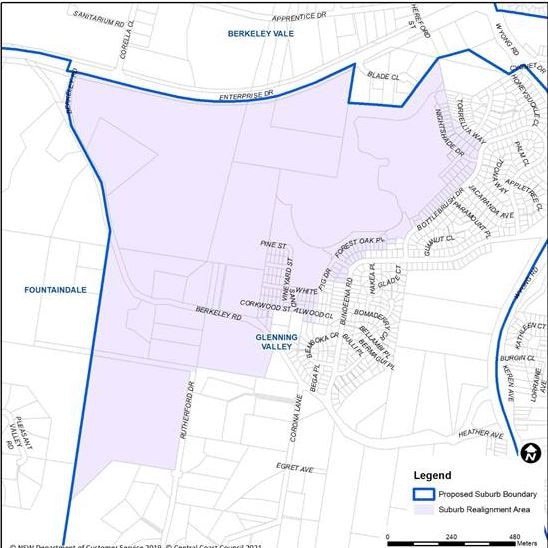 The proposed suburb boundary between Glenning Valley, Fountaindale and Berkeley Vale, which takes Glenning Valley up to Enterprise Drive. Picture: Central Coast Council