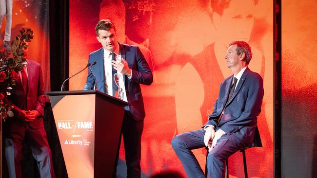 Neale Daniher’s son Ben reading his dad’s emotional speech. Picture: Mark Stewart