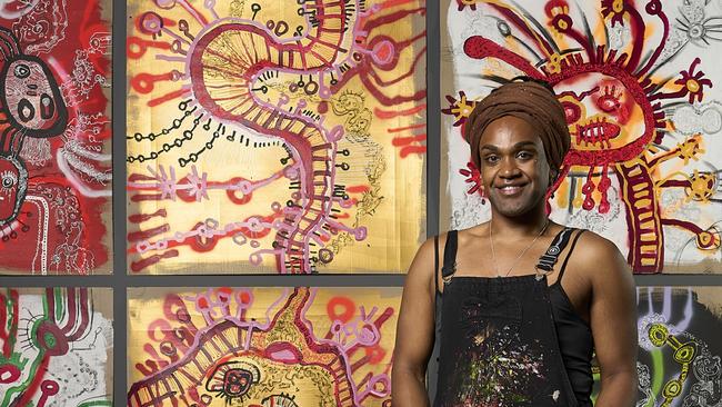 Electric Fields singer and Yankunytjatjara artist Zaachariaha Fielding has won the $15,000 People’s Choice for the Ramsay Art Prize 2023 with his work Wonder Drug. Picture: Saul Steed/AGSA