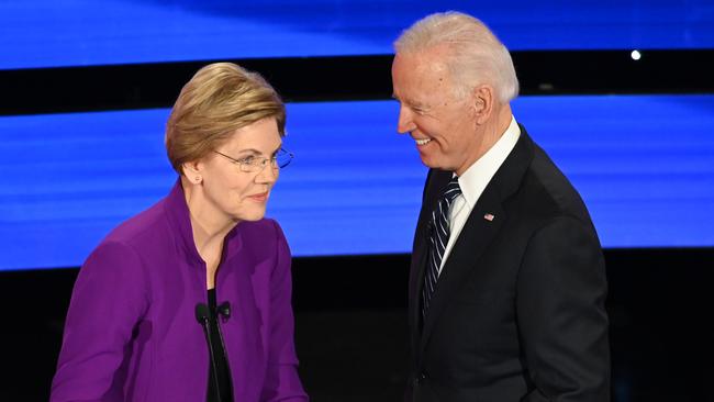 Senator Elizabeth Warren and former vice-president Joe Biden at a Democratic primary debate last January. Picture: AFP