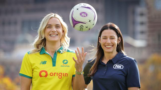 Diamonds captain Liz Watson and Fox commentator Madi Browne celebrate Fox Netball and Kayo Freebies’ coverage of the netball World Cup. Picture: David Caird