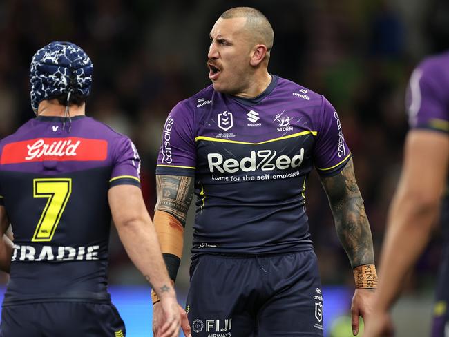 MELBOURNE, AUSTRALIA - SEPTEMBER 27: Nelson Asofa-Solomona of the Storm is sent to the sin-bin for a high tackle on LindsayÃ&#130;Â Collins of the Roosters during the NRL Preliminary Final match between the Melbourne Storm and Sydney Roosters at AAMI Park on September 27, 2024 in Melbourne, Australia. (Photo by Cameron Spencer/Getty Images)