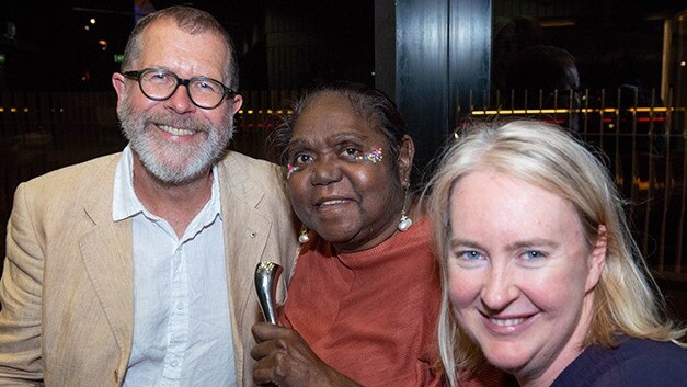 Lillian Crombie (centre) with Neil Armfield and Rachel Healy at the Equity Lifetime Achievement Award at Dunstan Playhouse. Picture: Supplied