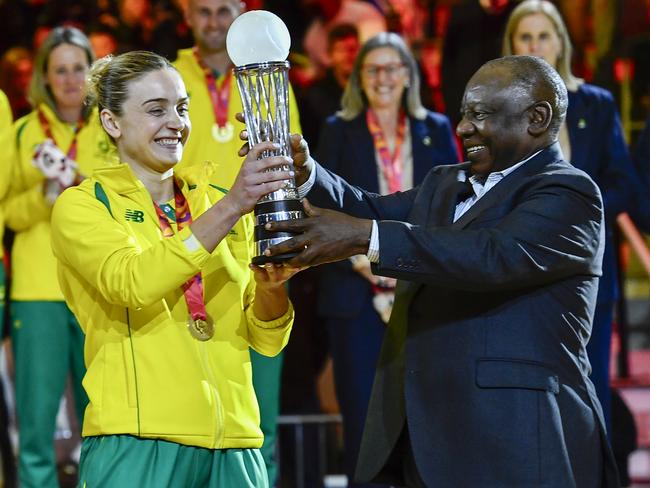 CAPE TOWN, SOUTH AFRICA - AUGUST 06: Liz Watson of Australia with The president of South Africa, Cyril Ramaphosa during the Netball World Cup Medal Presentation at Cape Town International Convention Centre, Court 1 on August 06, 2023 in Cape Town, South Africa. (Photo by Ashley Vlotman/Gallo Images/Netball World Cup 2023 via Getty Images)