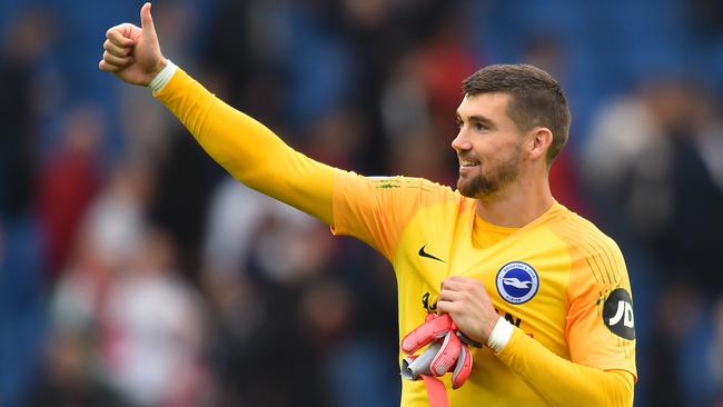 Mat Ryan celebrates after Brighton’s win over Manchester United. Picture: AFP Photo