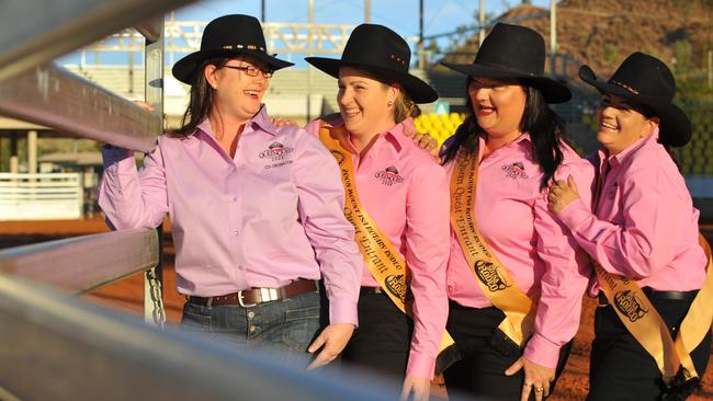 Past Mount Isa Rodeo Queen Quest entrants gear up for the rodeo. A former Queen Quest co-ordinator Sue Wicks is pictured with Donna Kuskopf, Cecile Edmunds and Louise Brogden.