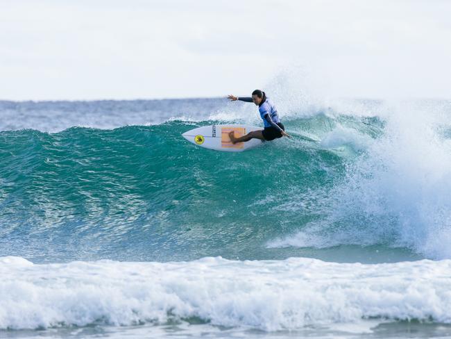 GOLD COAST, QUEENSLAND, AUSTRALIA - APRIL 27: Keala Tomoda-Bannert of Hawaii surfs in Heat 1 of the Round of 48 at the Bonsoy Gold Coast Pro on April 27, 2024 at Gold Coast, Queensland, Australia. (Photo by Cait Miers/World Surf League)