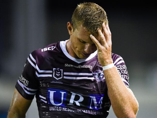 Manly’s Tom Trbojevic leaves the field on Saturday night. Picture:Nathan Hopkins/NRL Photos