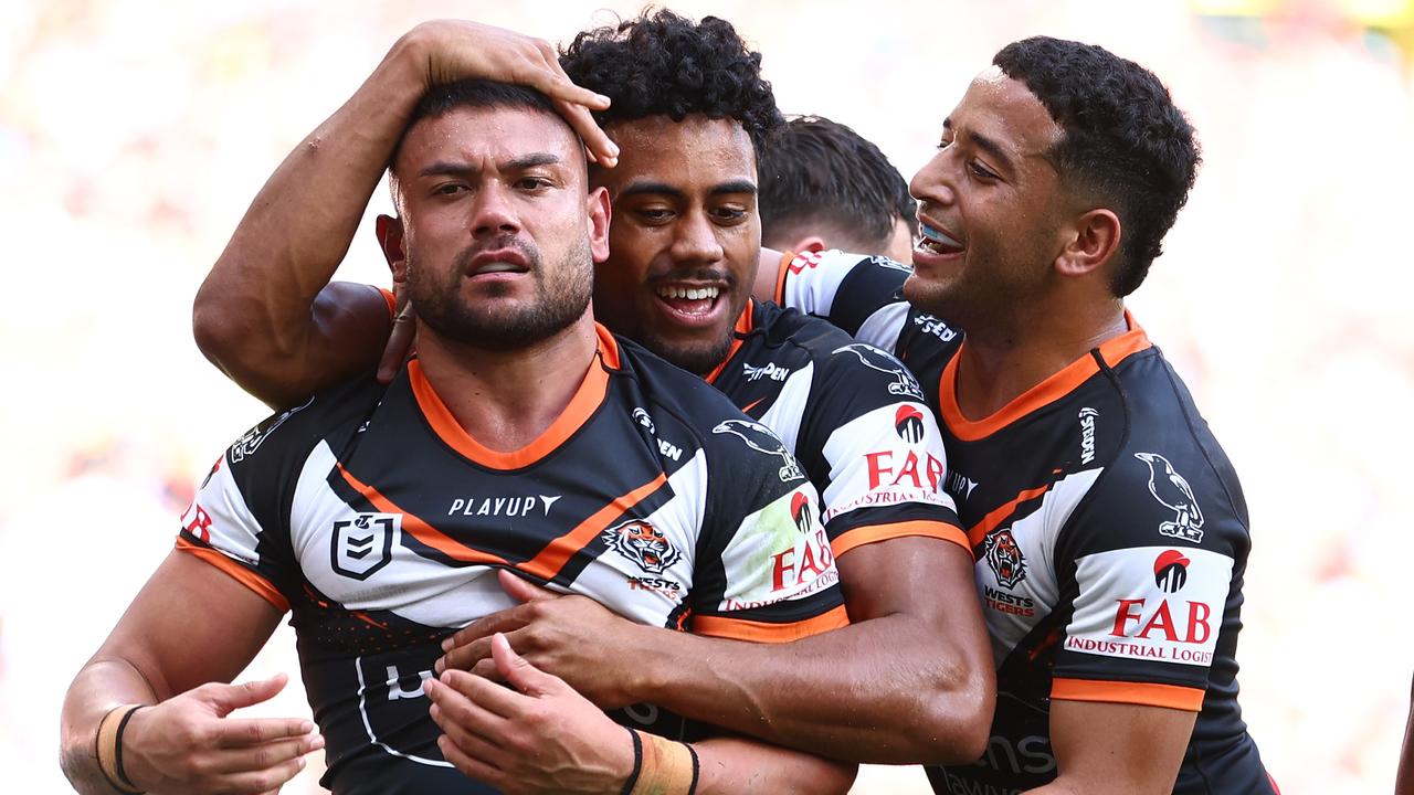 David Nofoaluma’s future at the Wests Tigers remains up in the air. Picture: Chris Hyde/Getty Images