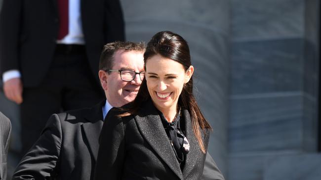 WELLINGTON, NEW ZEALAND - AUGUST 26: Trevor Mallard, Grant Robertson and Jacinda Ardern during The New Zealand Silver Ferns public reception following the 2019 Netball World Cup, at New Zealand Parliament on August 26, 2019 in Wellington, New Zealand. (Photo by Elias Rodriguez/Getty Images)