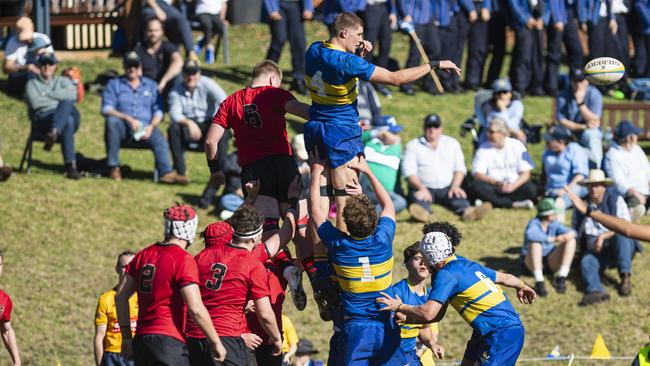 Jonah Allen wins the ball for Toowoomba Grammar School 1st XV against St Joseph's College, Gregory Terrace 1st XV in Round 6 GPS Queensland Rugby at TGS Old Boys Oval, Saturday, August 17, 2024. Picture: Kevin Farmer