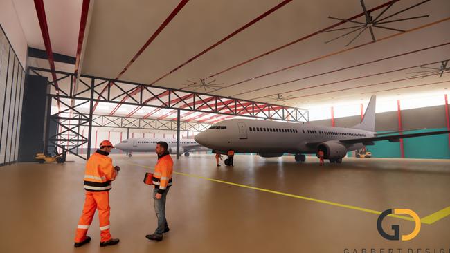 A conceptual render of the 10,000 square metre common use maintenance, repair and overhaul (MRO) hangar, a key piece of the eastern aviation precinct.