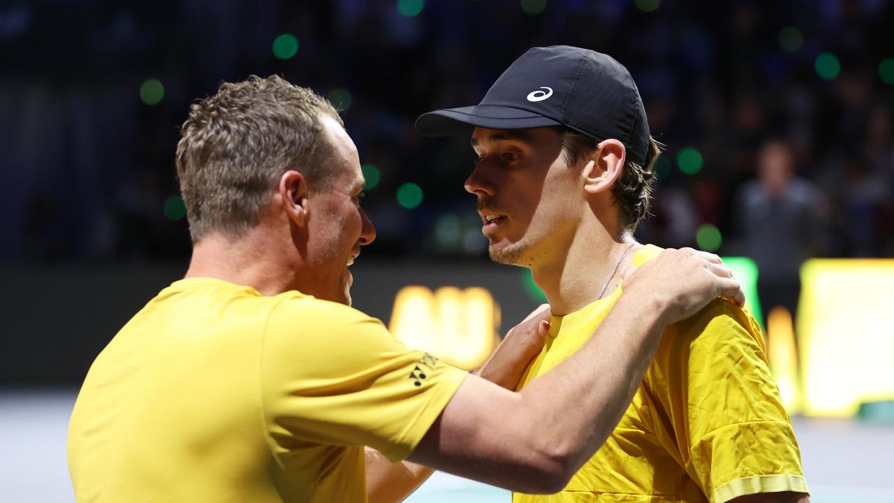 De Minaur chats with Hewitt at last year’s Davis Cup. Picture: Getty