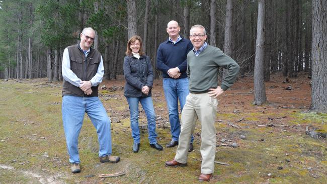 Kangaroo Island Plantation Timbers directors Graham Holdaway, Shauna Black, Paul McKenzie (chairman) and John Sergeant (managing director) at one of the company's softwood plantations.