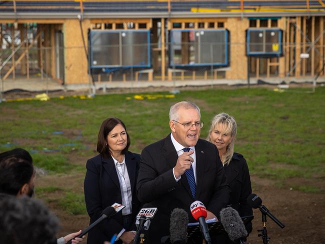 Prime Minister Scott Morrison visits a housing site at Armstrong creek in electorate of Corangamite. Picture: Jason Edwards