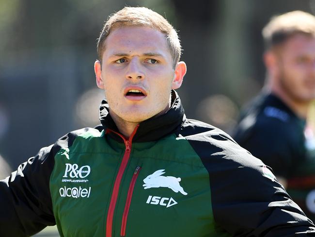 George Burgess of the Rabbitohs during a training session at Redfern Oval in Sydney, Tuesday, September 24, 2019. The Rabbitohs are set to play the Canberra Raiders in an NRL Finals match at GIO Stadium on Friday. (AAP Image/Joel Carrett) NO ARCHIVING